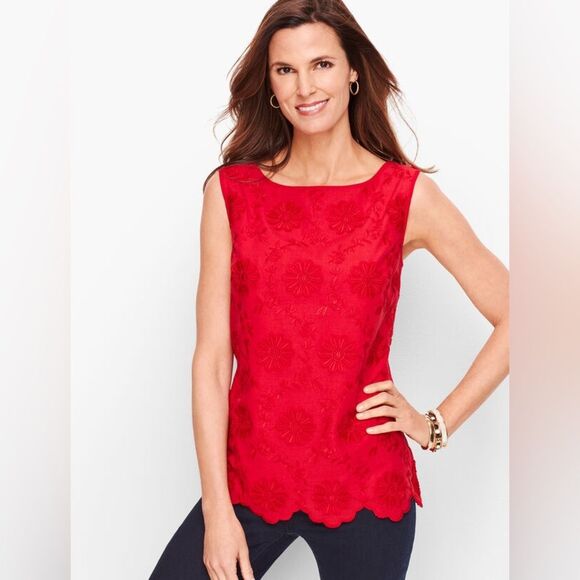 Talbots Tops - Talbots 100% Cotton Embroidered Floral Appliqué Scallop Hem Shell Lined Top M
